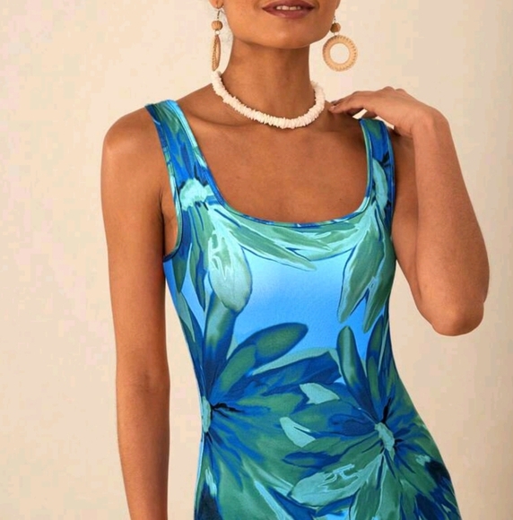 Summer Beach Woman Square Collar Print Bodycon Cami Pride Dress - Picture 2 of 4